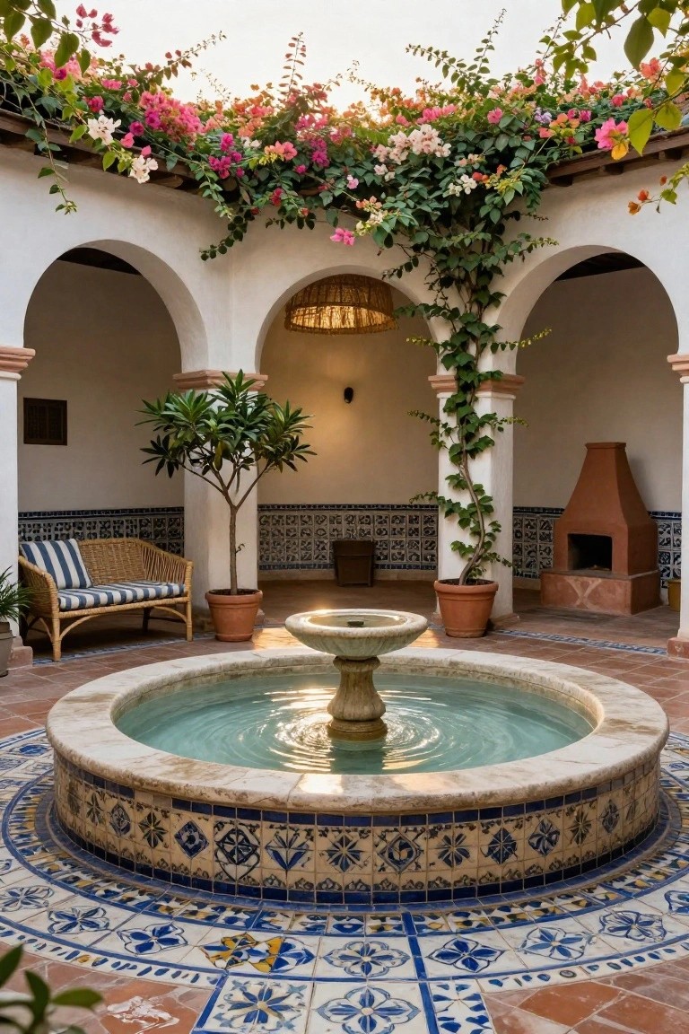Hacienda-style interior courtyard with central stone fountain surrounded by blue-and-white tiles, white stucco arches covered in pink bougainvillea vines, a striped wicker bench, potted plants, and a terracotta fireplace.