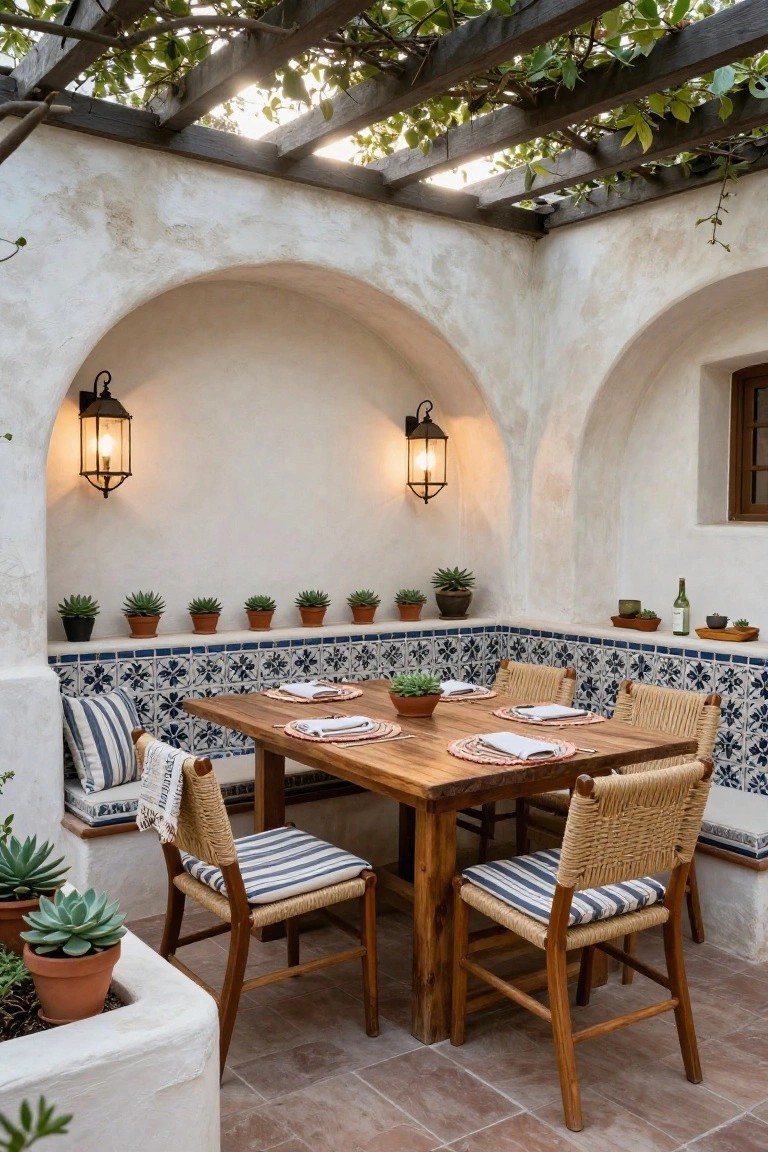 Hacienda-style outdoor courtyard dining area featuring a wooden table with rattan chairs, built-in blue-tiled bench seating in arched white walls, wall-mounted lanterns, potted succulents, and grapevine pergola overhead.