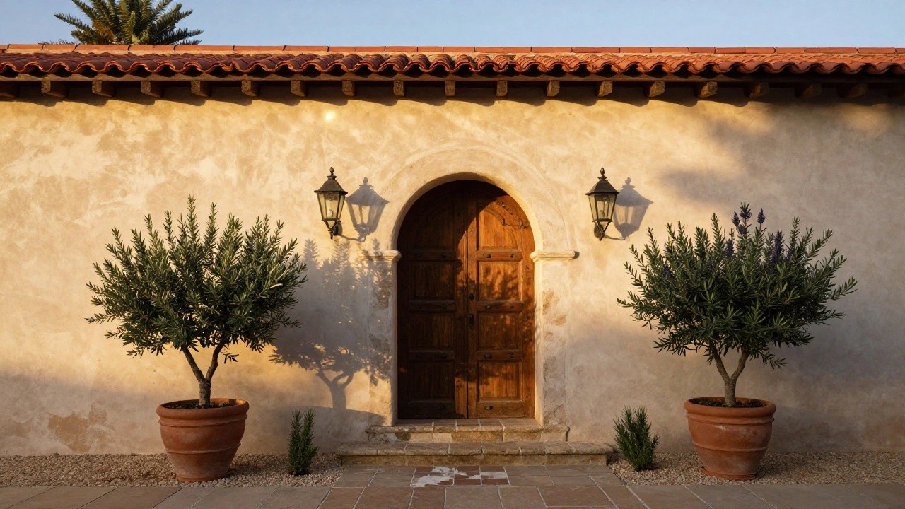 Hacienda-style house exterior with beige stucco walls, red barrel tile roof, tall arched wooden double door, black metal lanterns on each side, terracotta pots with rosemary and lavender plants, and stone pathway leading to the entry.