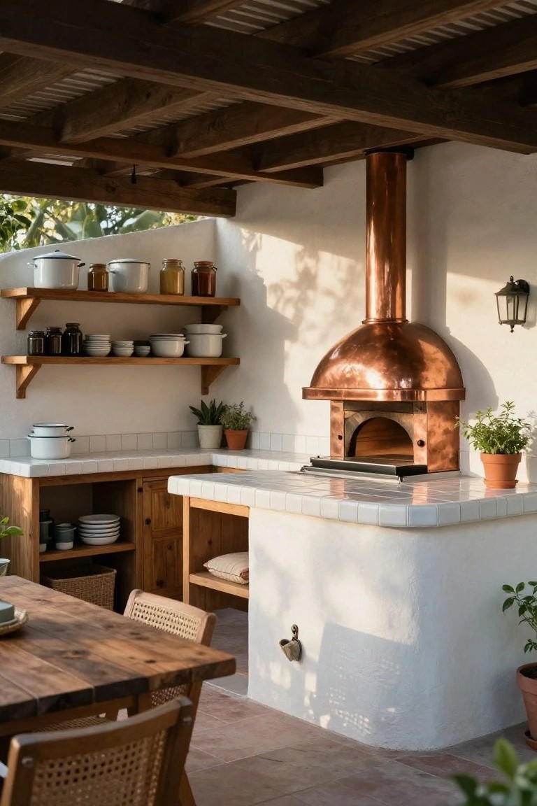 Outdoor covered patio kitchen with a large copper-domed wood-fired pizza oven built into white stucco counters, wooden shelves holding enamel pots and jars, a wooden dining table with rattan chairs, and potted plants nearby.