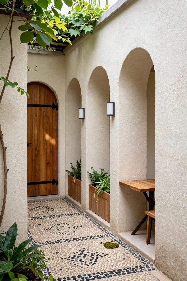 Narrow hacienda courtyard with beige stucco walls and three rounded arches, wooden door under left arch, planter boxes with greenery under middle arch, wooden table and stool under right arch, patterned black and white pebble stone floor path, wall lights, overhead vines and plants.
