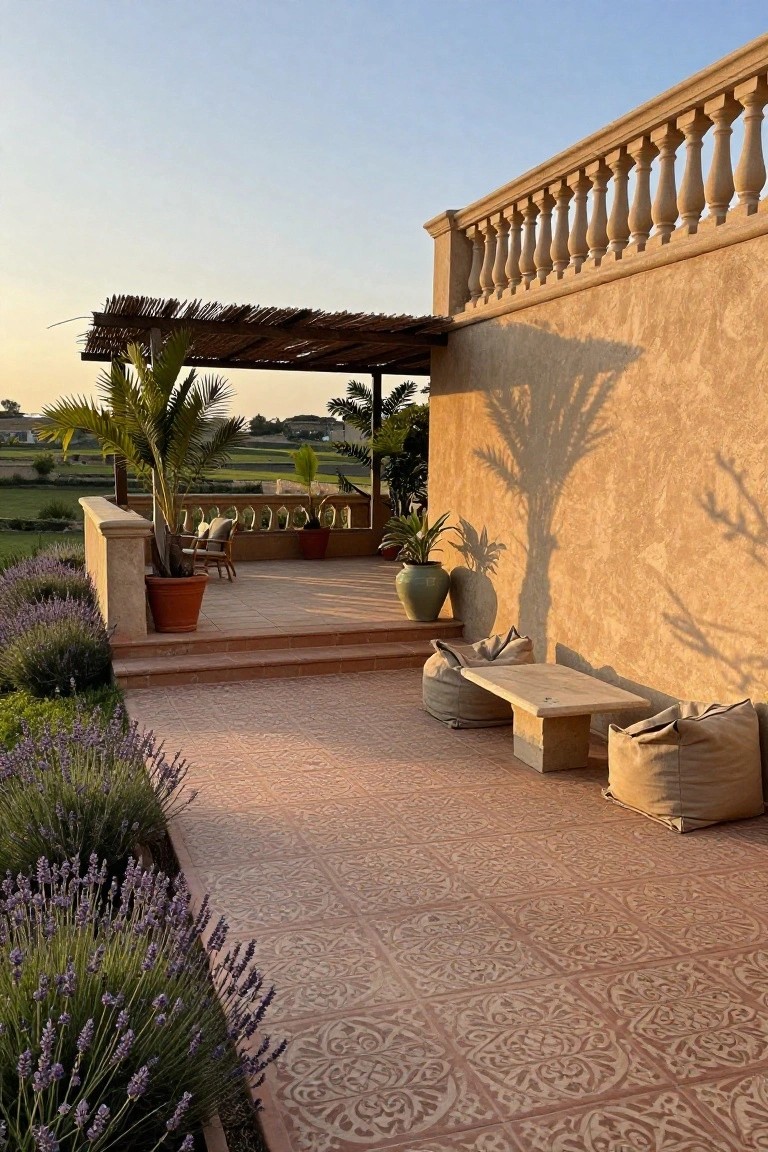 Hacienda-style outdoor terrace with terracotta patterned tiles, low stone bench flanked by large beige poufs, steps bordered by lavender plants, potted palms and greenery, thatched overhang, beige stucco walls, and balustrade at sunset.
