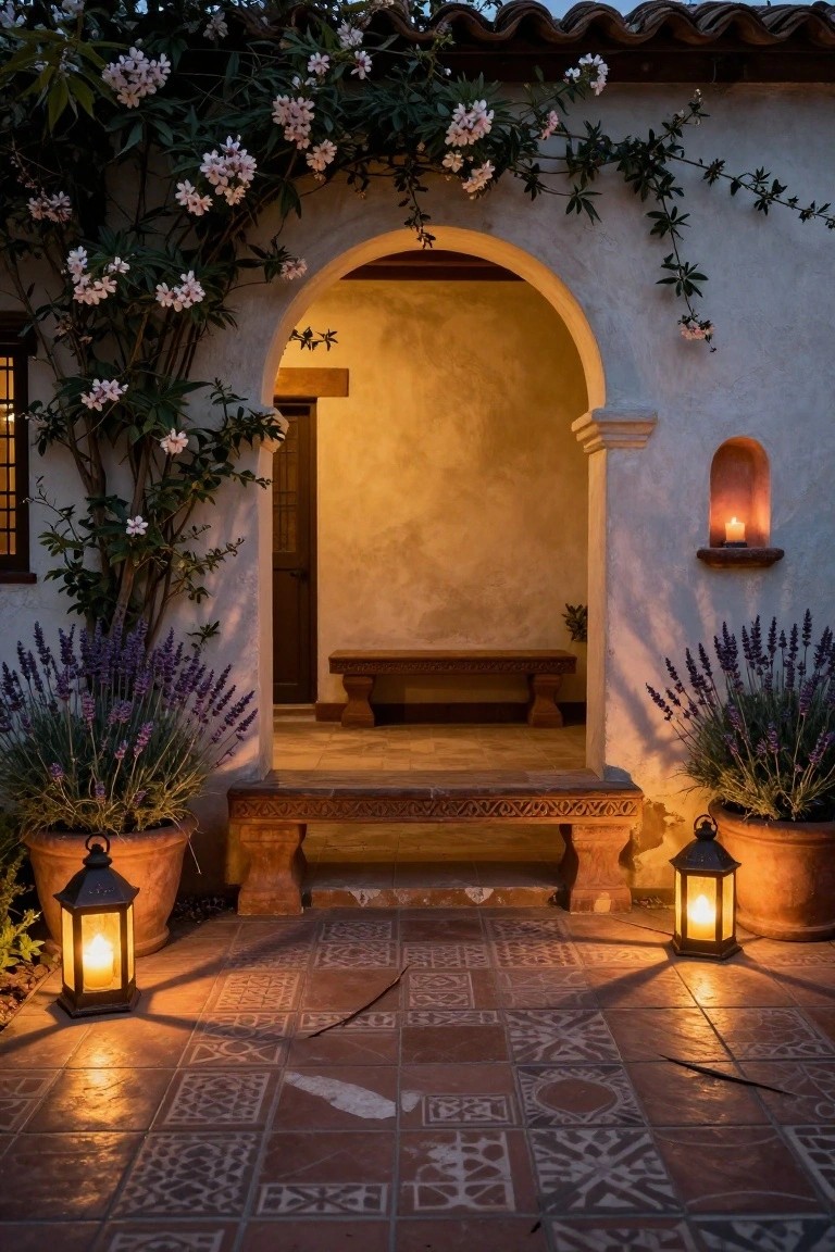Hacienda-style arched entryway at dusk with climbing pink flowers on white stucco walls, potted lavender plants, rustic metal lanterns with candles, wooden bench, and patterned terracotta tile floor.