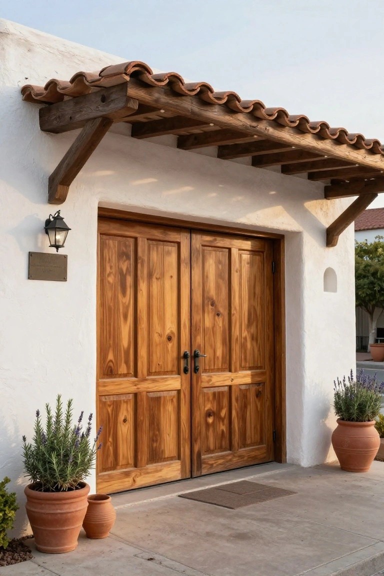 White stucco hacienda facade with paneled wooden double doors, black lantern light, bronze plaque, terracotta tile roof overhang, and potted lavender plants on a concrete entry pad.