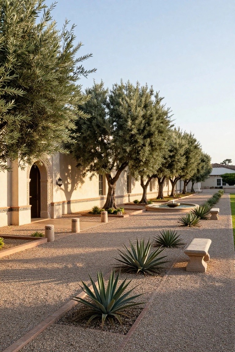 Hacienda-style stucco building with arched wooden entry door along a gravel pathway lined by olive trees, agave plants in raised beds, stone benches, and a central fountain.