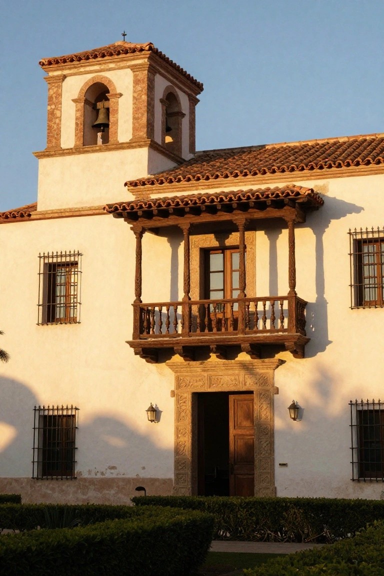 White stucco hacienda exterior with terracotta tile roof, brick bell tower containing a bell, overhanging wooden balcony above carved stone entry door, wrought iron window grilles, wall lanterns, and low boxwood hedges in front.