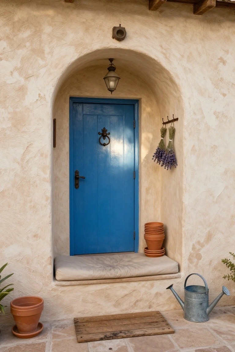 Beige stucco arched entryway with a blue wooden door, brass knocker and handle, hanging dried lavender bundles, stacked terracotta pots, a metal lantern, plants in pots, a watering can, and a wooden doormat on a stone-tiled stoop.