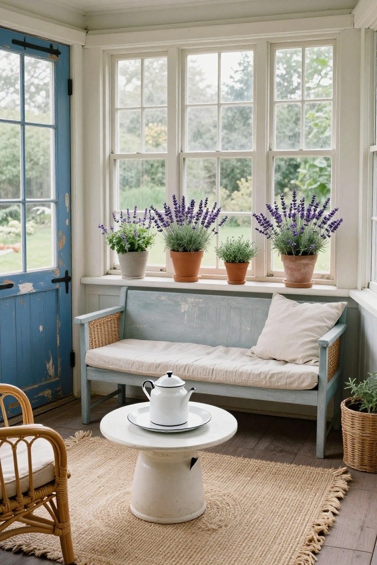 Sunlit corner of an enclosed porch room with a blue-painted wooden bench with beige cushions under three windows holding potted lavender plants, a round white pedestal table with a white teapot and saucer, a rattan armchair, woven basket planters, and a jute rug on a wooden floor.