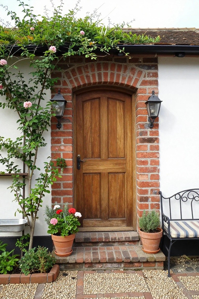 Brick archway entrance with dark wooden paneled door, climbing pink roses draping over the top, black metal lanterns on both sides, potted geraniums and rosemary plants, metal bench, and pebble path with steps.