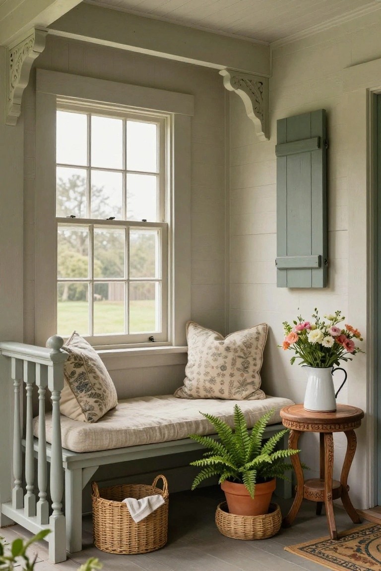 Built-in gray bench seat under a large multi-pane window in a light shiplap-walled porch with pillows, a small wooden side table holding a vase of flowers and potted fern, a wicker basket, and a patterned rug on the wood floor.