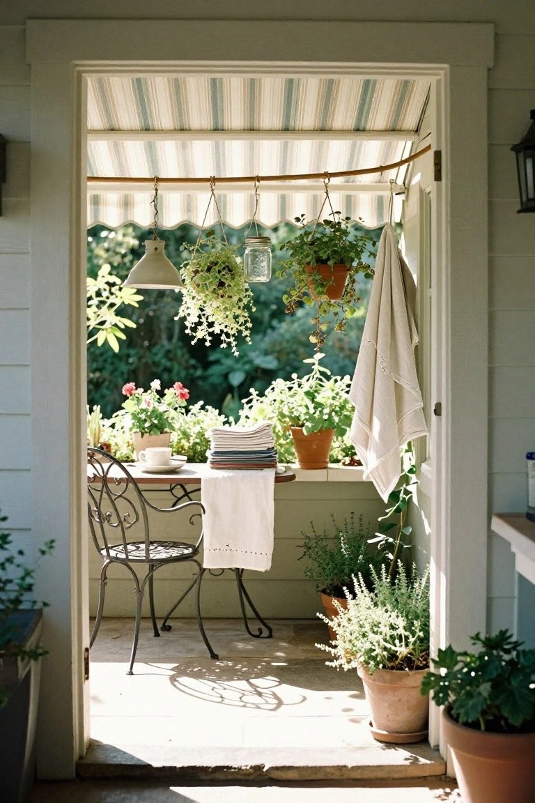 Open doorway to a porch featuring a striped awning, hanging plants and lanterns, a wrought-iron bistro table and chair with white tablecloth, teacup, stacked linens, and multiple potted herbs and plants on the windowsill and floor, with garden greenery visible outside.