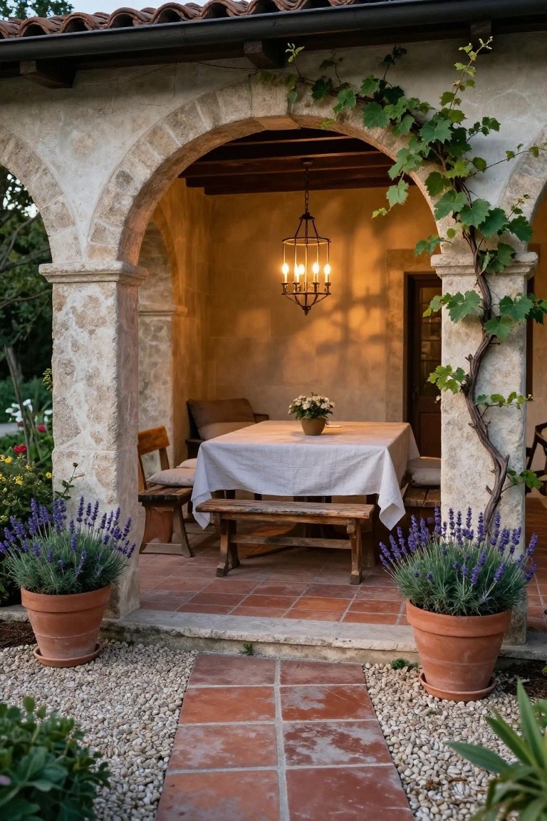 Rustic stone archway covered in green climbing vines frames a wooden table and benches on a terracotta-tiled porch area, with potted lavender plants flanking the entrance and a hanging multi-candle lantern overhead.