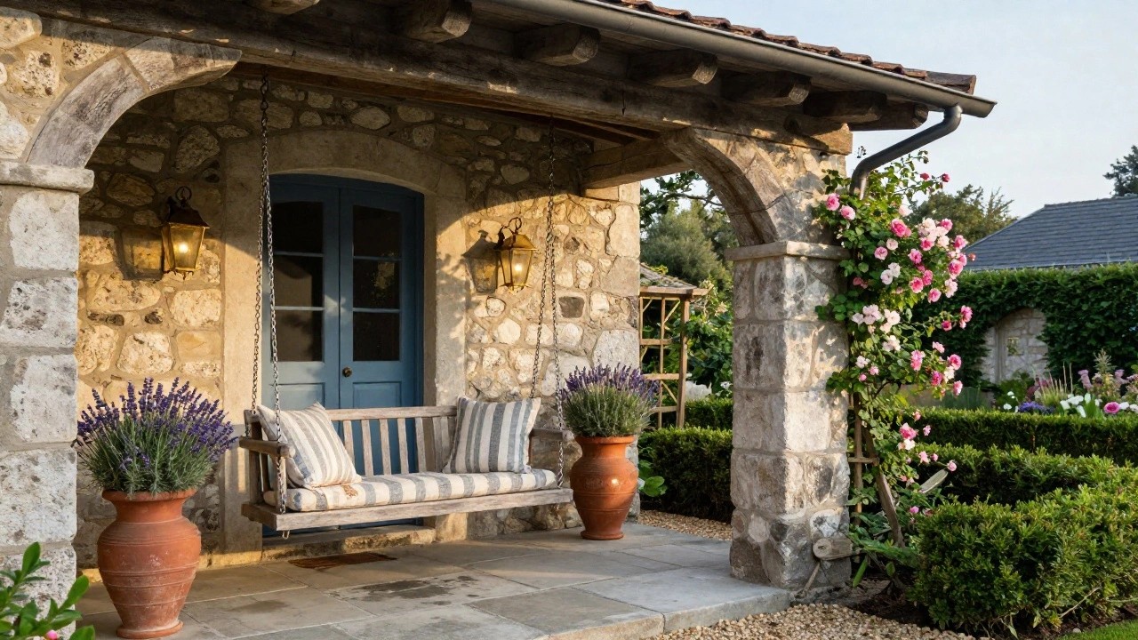 Wooden porch swing with striped cushions, floral pillows, and a throw blanket hangs by chains from beams under a stone archway on a covered porch, with lavender in terracotta pots, climbing roses on a trellis, and a blue door nearby.