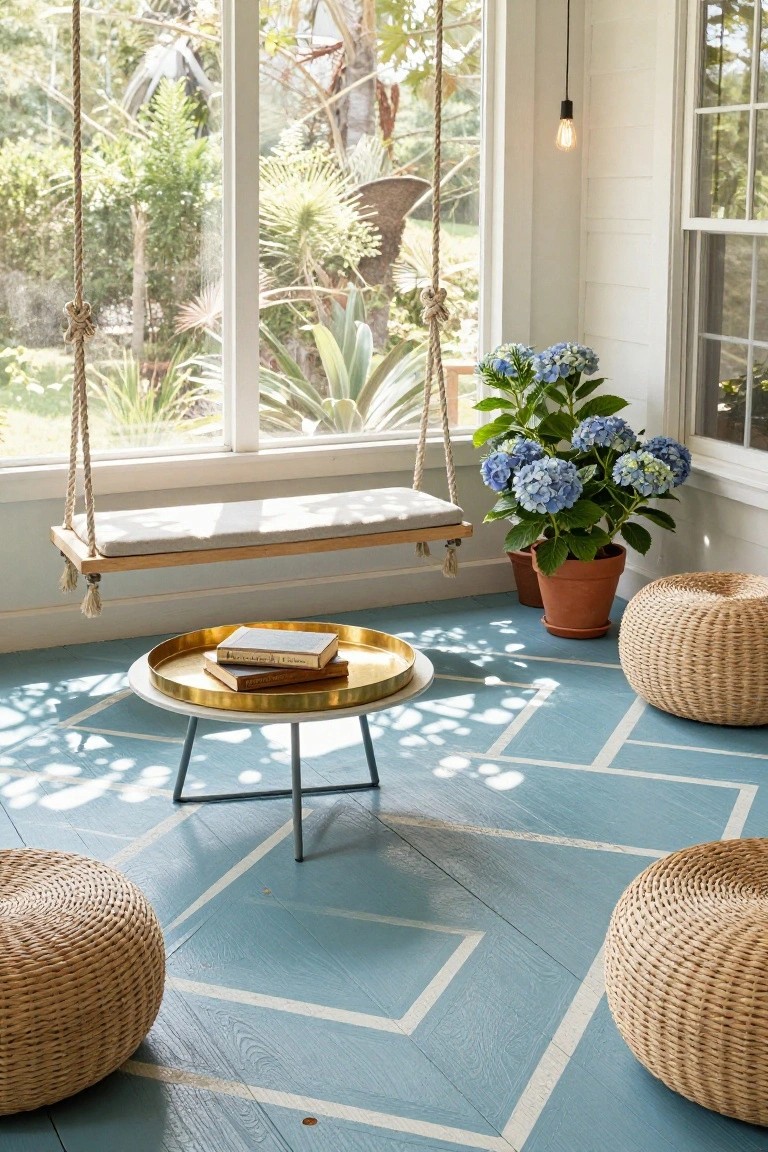 Sunlit interior porch room featuring a wooden bench swing suspended from thick ropes, a round gold tray table holding stacked books, several round wicker poufs, potted blue hydrangeas, on a light blue wood floor with white geometric lines, large windows showing tropical plants outside.