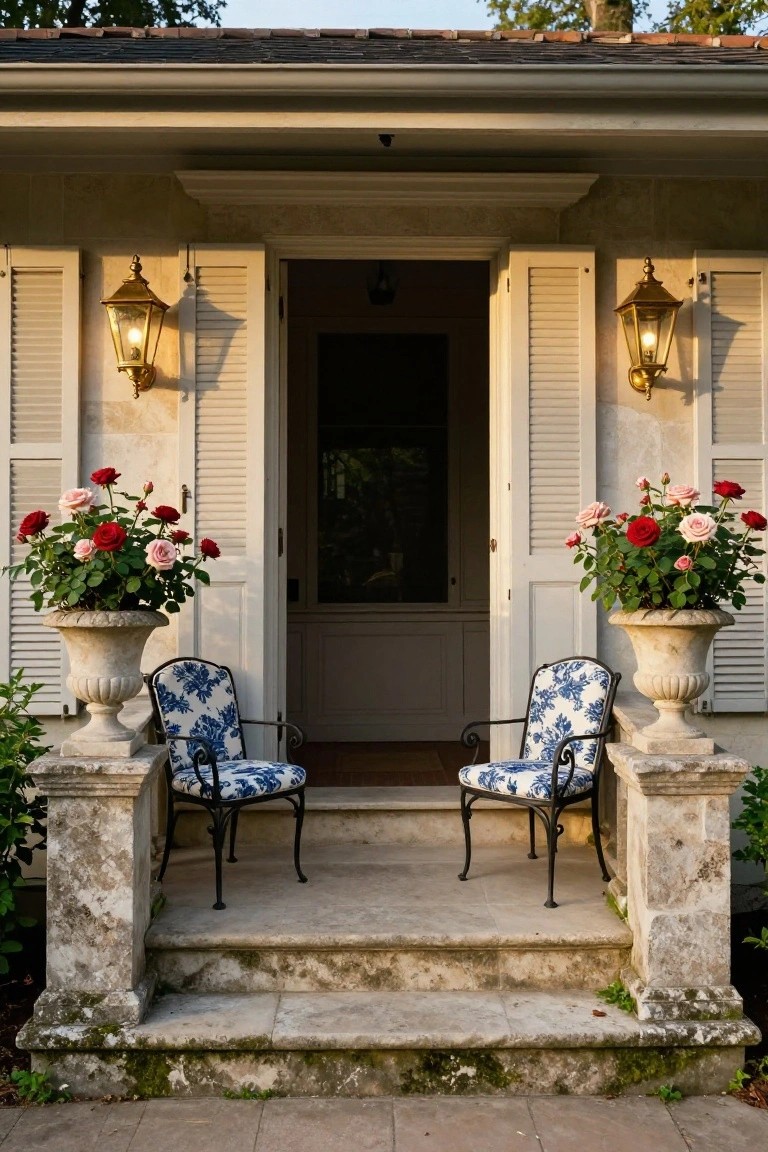 Stone steps with blue floral chairs flank rose-filled urns at a doorway.