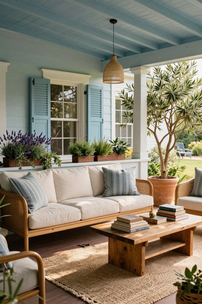 Covered light blue porch with white rattan sofa and armchairs featuring white and blue striped cushions arranged around a wooden coffee table holding stacked books on a beige seagrass rug, surrounded by potted plants and an olive tree.