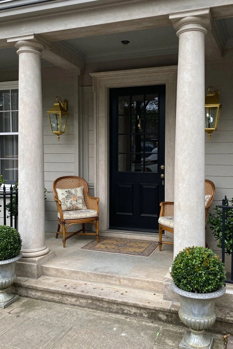 Front porch with tall beige stucco columns, black wood door with glass panels, two rattan armchairs with patterned cushions, wall-mounted gold lanterns, potted topiary shrubs in stone urns, and a patterned rug on the stoop.