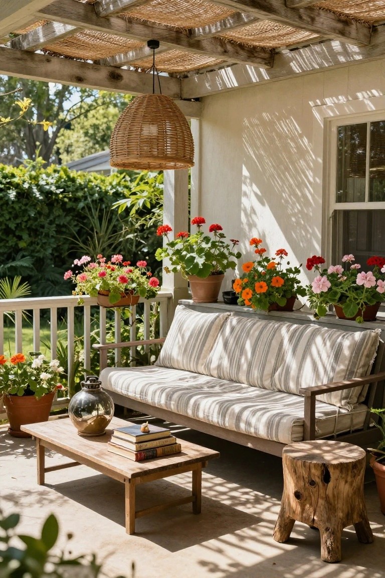 Shaded wooden porch under a thatched pergola with a long beige striped sofa, wooden coffee table holding stacked books, colorful geranium pots in terracotta on railing and shelf, a tree stump stool, hanging rattan lantern, and surrounding potted plants.