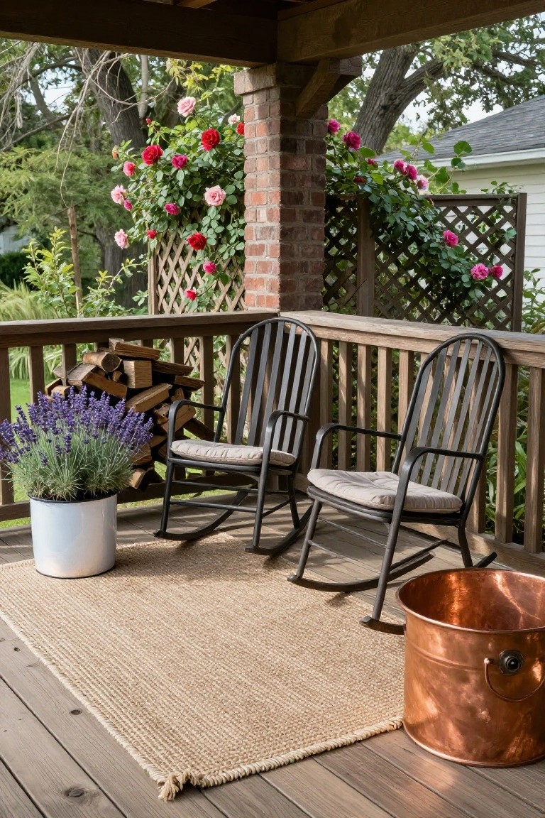 Wooden porch deck featuring two black metal rocking chairs with beige cushions, a stack of firewood, potted lavender plant in a white pot, seagrass rug, and copper bucket, with climbing pink and red roses on a brick pillar and lattice screen in the background.