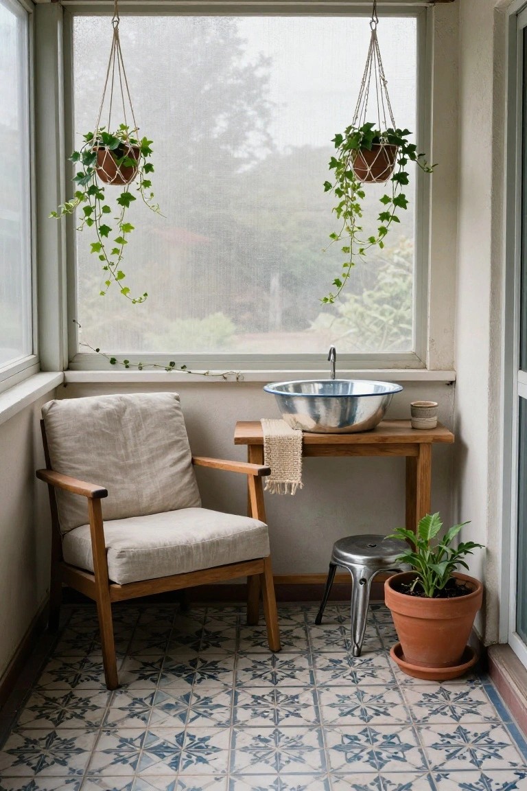 Screened porch with hanging ivy plants in macrame holders, beige linen armchair on wooden frame, wooden console table holding large metal basin sink with faucet, metal stool, potted plants, and blue star-patterned tile floor.