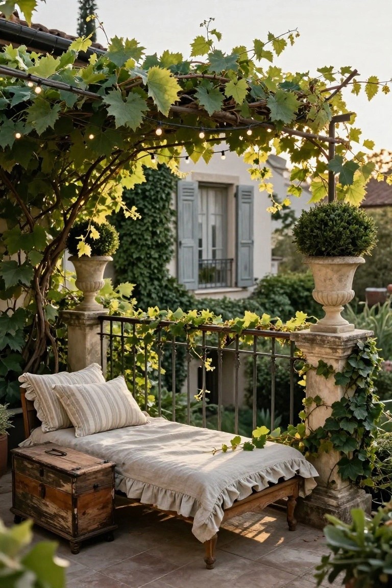 Balcony terrace with a low wooden daybed covered in white linen bedding and pillows under a pergola draped in green grapevines and string lights, flanked by stone urns with topiary plants and ivy on wrought-iron railing.