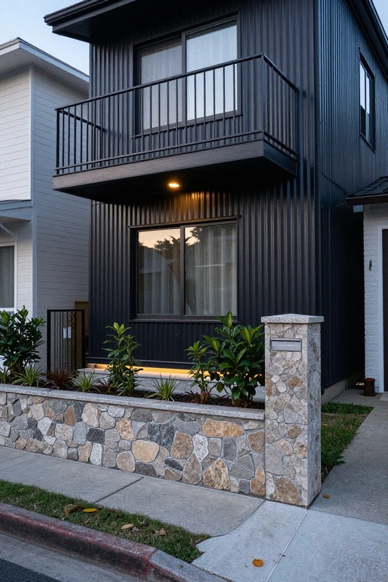 A two-story black corrugated metal house with balcony, large windows, and black metal gate, fronted by a low stone retaining wall with plants and a stone pillar holding a mailbox, next to lighter neighboring homes on a street.