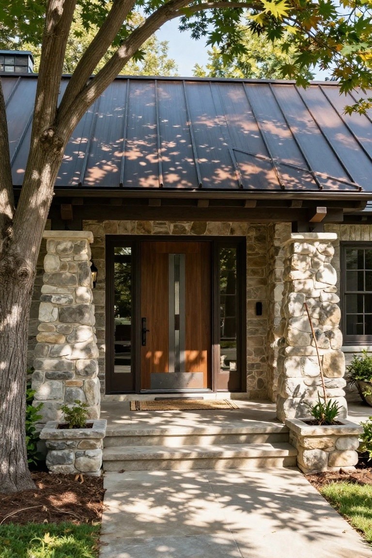 Front entrance of a house with a dark wood door featuring vertical glass panels, flanked by tall stone pillars under a dark metal roof, with a large tree, plants in stone planters, steps, and a pathway leading up.