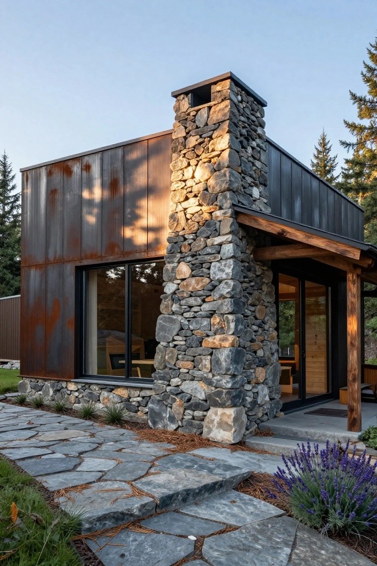 Exterior of a small rectangular house with rusted corrugated metal siding, a tall stacked stone chimney, large sliding glass windows, wooden covered entry porch, flagstone pathway, lavender plants, and pine trees in the background.