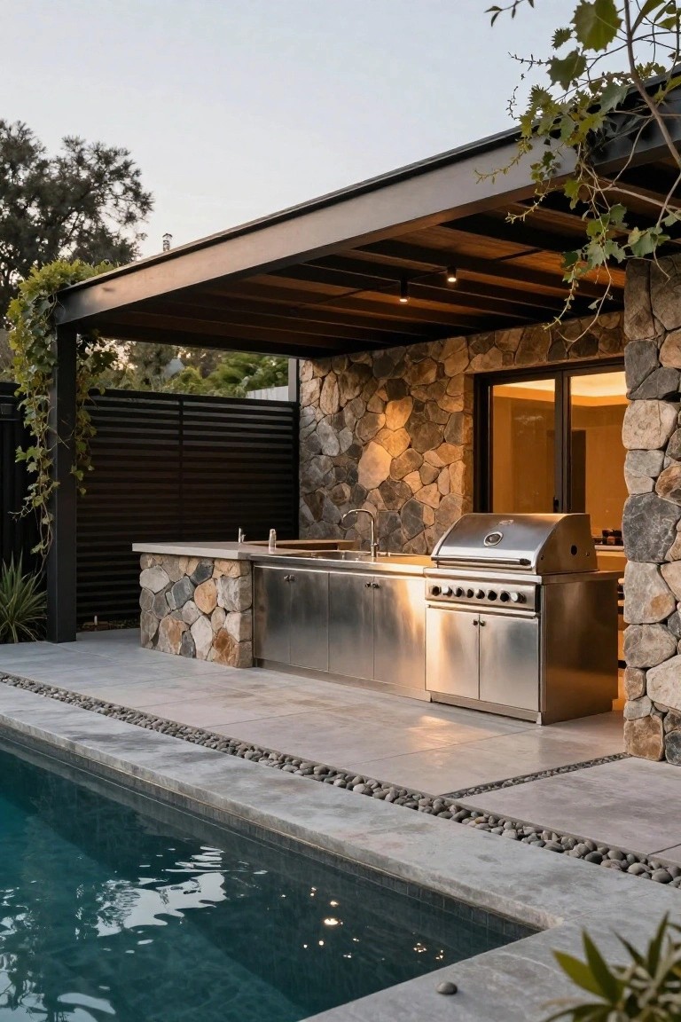 Outdoor kitchen on a tiled patio featuring stainless steel grill, sink, and cabinets against a stacked stone wall, next to a turquoise pool under a covered wooden roof with vines and greenery.