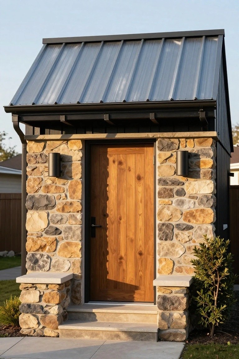 Small outbuilding featuring a sloped gray metal roof, irregular beige and gray stone walls, centered wooden door with black handle, black cylindrical wall lanterns on each side, short concrete steps, stone pillars, and nearby shrubs on a grassy area.