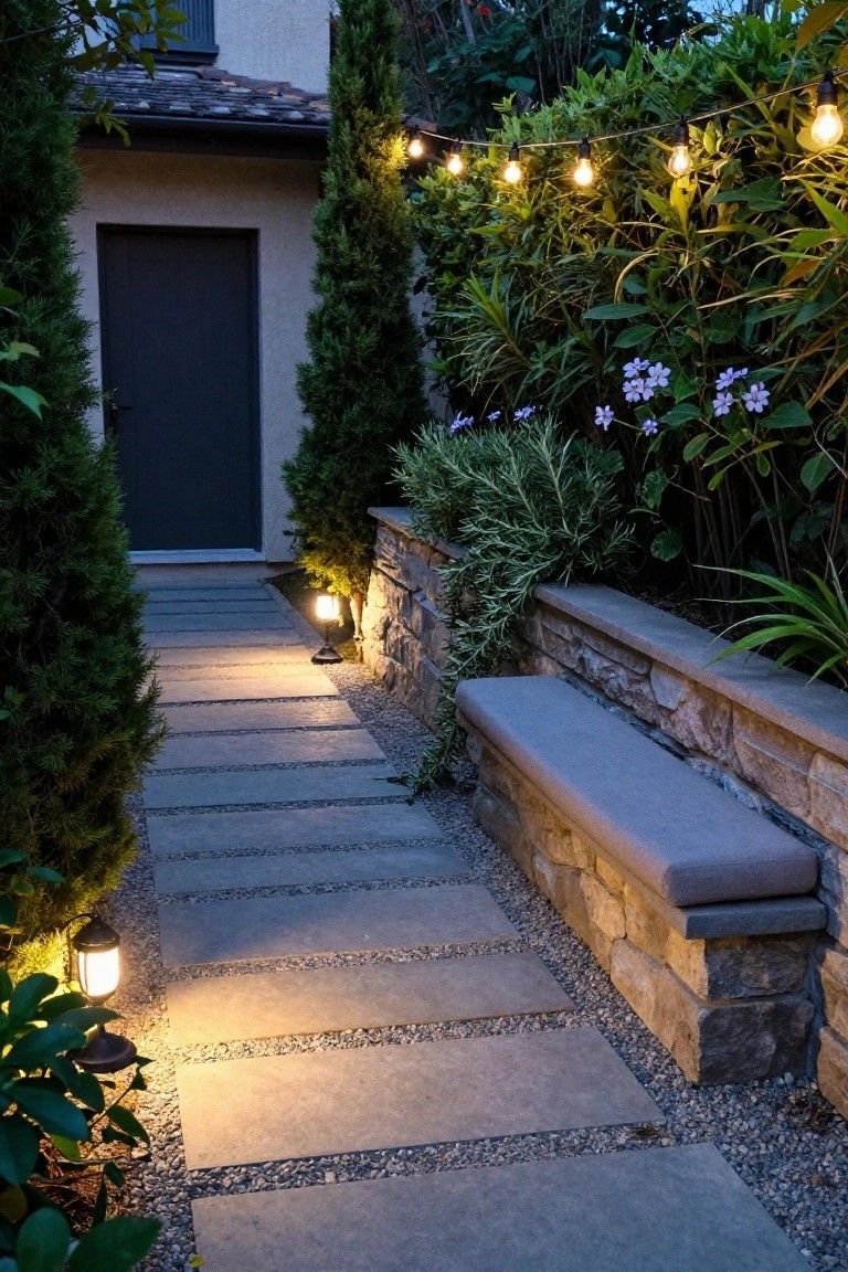 Stone paver pathway flanked by tall evergreen trees, flowering shrubs, and a stone wall with bench, leading to a dark door on a house, lit by lanterns and overhead string lights at dusk.