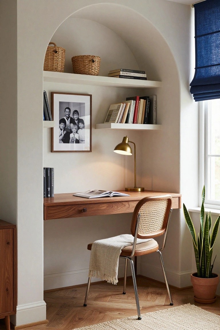 Arched white wall recess containing a floating walnut desk with open magazine, gold arched lamp, wooden frame family photo, books and baskets on shelves, rattan chair with cream throw, potted snake plant by window with blue roman blind, on herringbone wood floor.