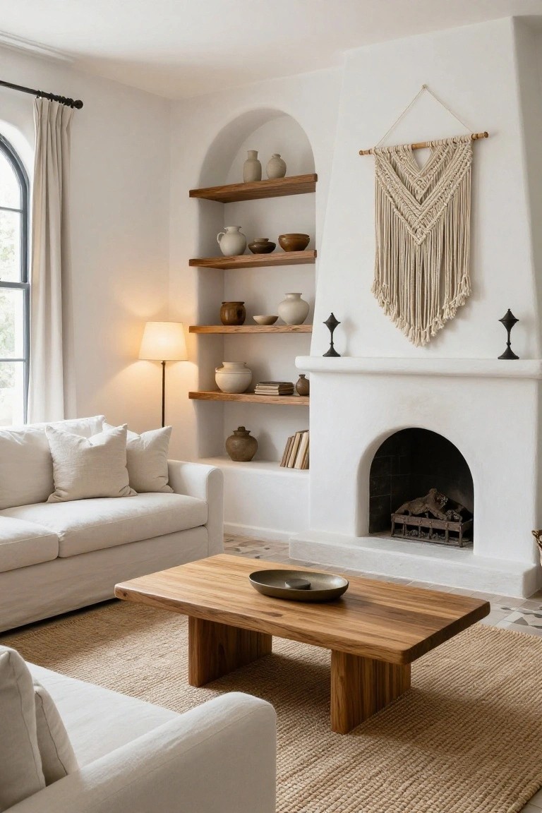 White arched stucco fireplace with built-in wooden shelves displaying pottery and books flanked by black candlesticks, macrame wall hanging above, white sofa, wooden coffee table, and jute rug in a light room with arched window.