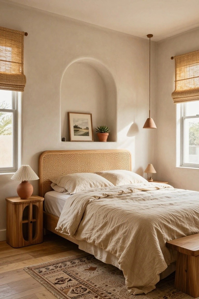 Bedroom with rattan headboard on a low wooden bed frame, beige linen bedding, arched plaster wall niche containing a framed painting and potted plant, bamboo blinds on windows, terracotta table lamp on wooden nightstand, and oak wood floors with patterned rug.