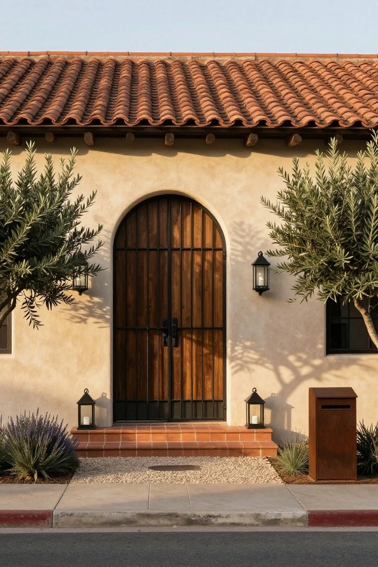 Beige stucco house facade with red tile roof, featuring a tall arched wooden front door with black iron grille and handles, flanked by olive trees and wall lanterns, terracotta steps, gravel path, lavender plants, and a brown metal mailbox.