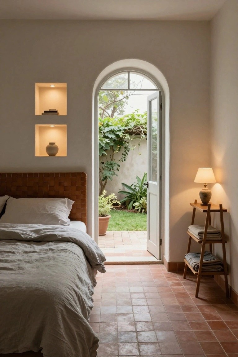 Bedroom interior with woven leather headboard bed, open white arched doorway to lush courtyard garden with plants and grass, terracotta tile floor, wooden shelf with lamp and linens nearby.