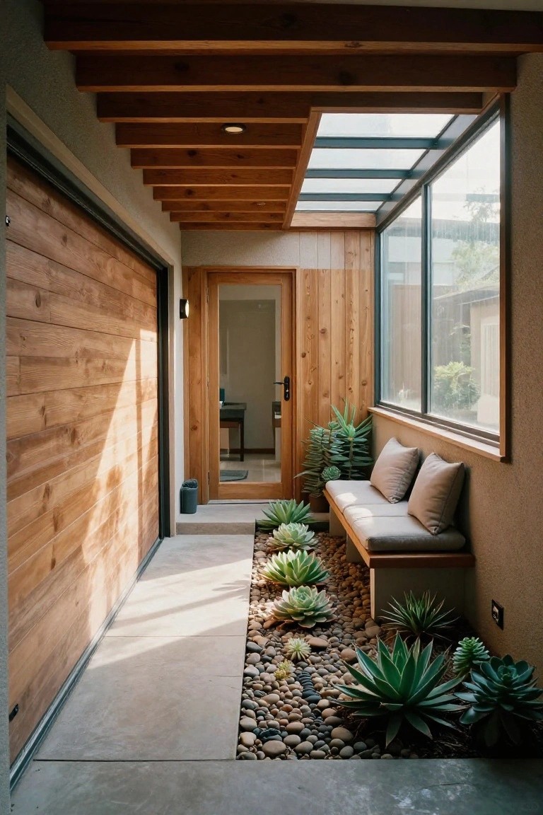 Modern wooden hallway with skylight, bench, and pebble garden.