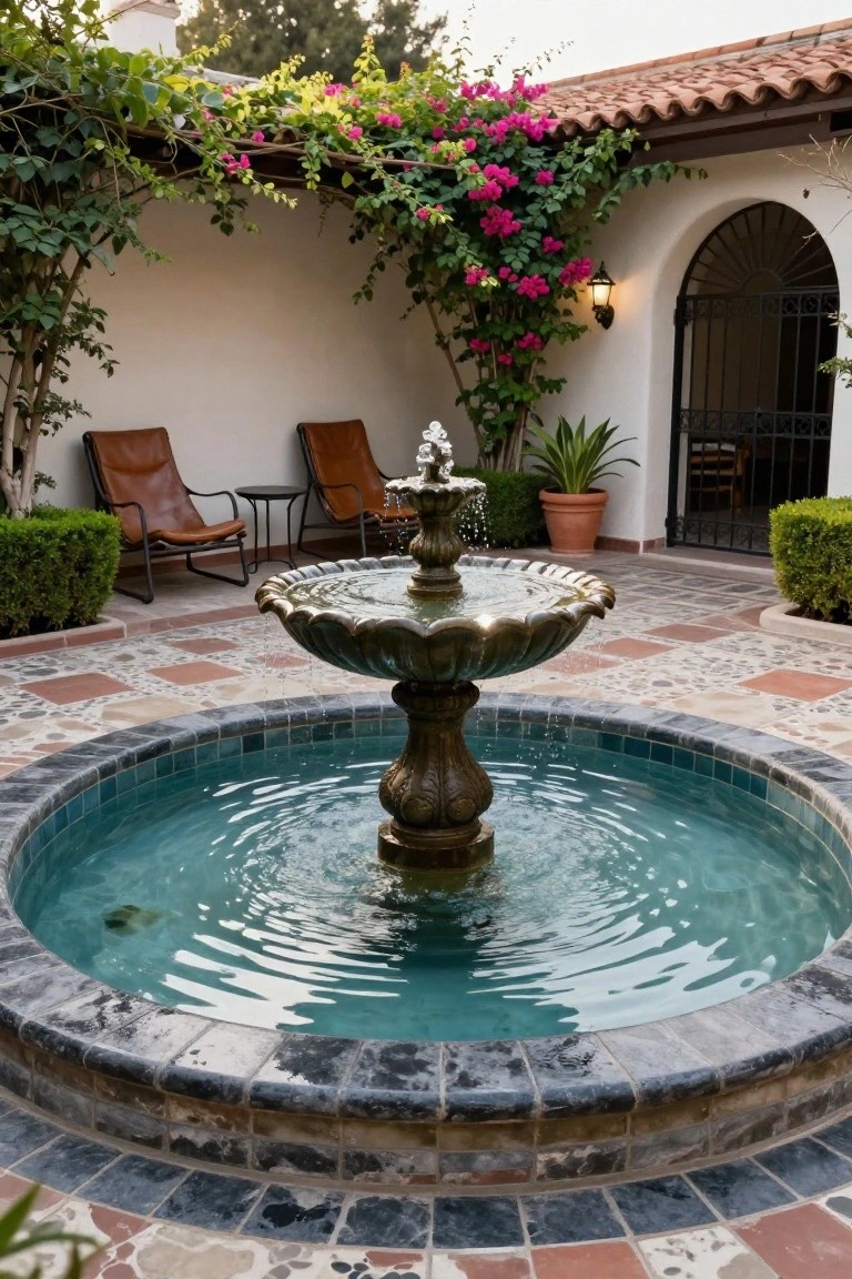 Hacienda-style outdoor courtyard with ornate bronze fountain in circular turquoise-tiled pool on red-and-beige patterned tile patio, two tan leather lounge chairs with side table nearby, potted plants, bougainvillea vines on white stucco walls and pergola, and arched black wrought-iron gate.