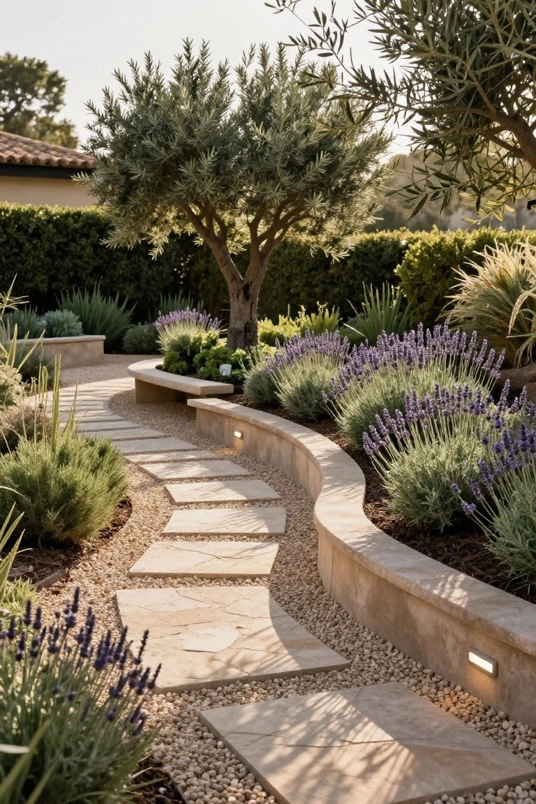 Curved stone pathway through landscaped garden with lavender bushes, olive trees, gravel ground cover, low curved stone walls, and built-in bench, house in background.