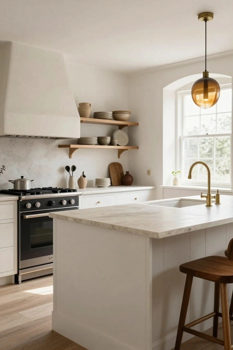 A white kitchen with curved range hood over a black gas stove, marble island countertop with wooden bar stools, open wood shelves holding pottery and plates, brass faucet at the sink, and arched window with natural light.