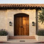 Beige stucco house facade with red tile roof, featuring a tall arched wooden front door with black iron grille and handles, flanked by olive trees and wall lanterns, terracotta steps, gravel path, lavender plants, and a brown metal mailbox.