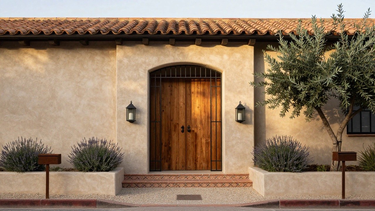 Beige stucco house facade with red tile roof, featuring a tall arched wooden front door with black iron grille and handles, flanked by olive trees and wall lanterns, terracotta steps, gravel path, lavender plants, and a brown metal mailbox.