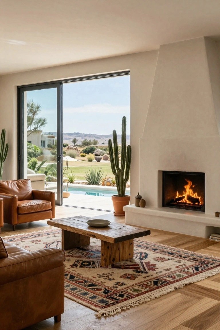 Interior view of a modern living room featuring tan leather armchairs, a wooden coffee table on a patterned rug, a large creamy stucco fireplace with burning logs, potted cacti, and sliding glass doors opening to a pool and desert landscape.