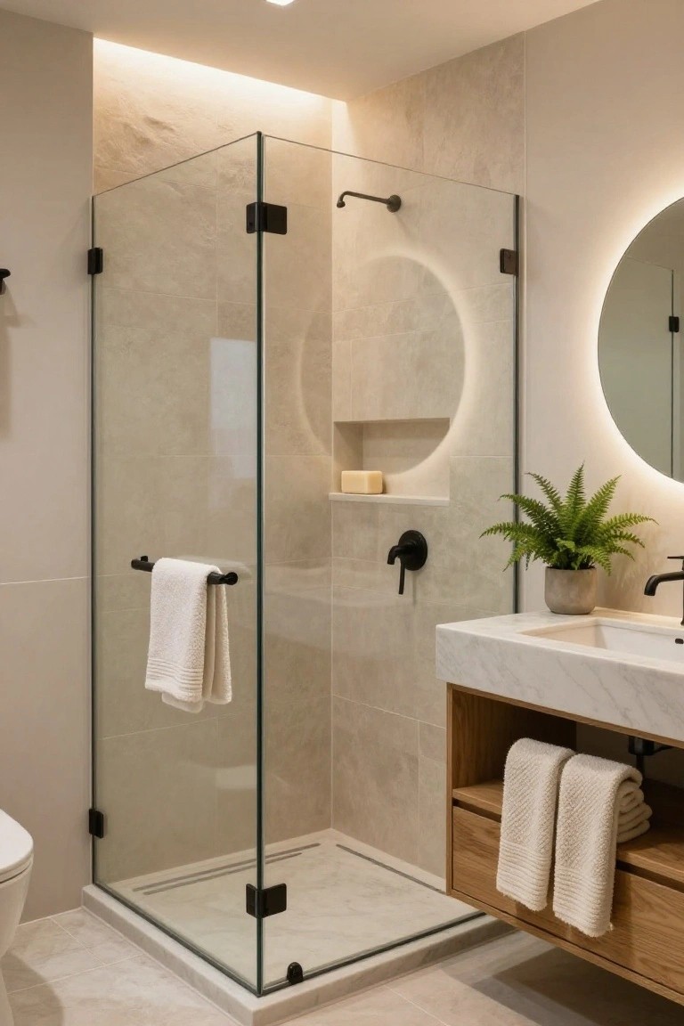 Modern bathroom with frameless glass shower enclosure, beige tiled walls, floating white marble vanity on wood cabinetry, round backlit mirror, potted fern, and towel storage.