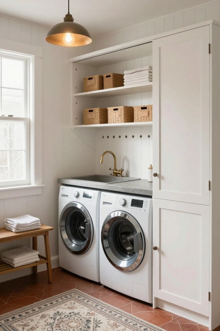 White laundry room with side-by-side washer and dryer partially enclosed by tall white cabinets, open upper shelving holding wicker baskets of towels, brass utility sink on countertop, wood bench with folded towels, shiplap walls, pendant light, window, terracotta tile floor, and patterned rug.