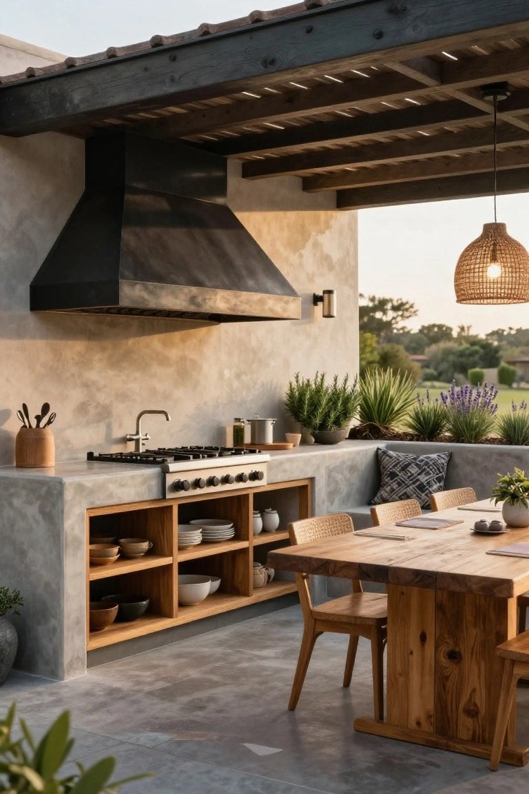 Outdoor kitchen built into a concrete wall with gas range, sink, black hood, open wood shelving, and adjacent wooden dining table with chairs under a wooden pergola, surrounded by potted plants and landscape view.