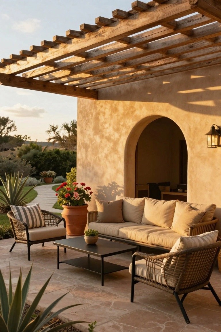 Outdoor patio under wooden pergola with beige rattan sofa, chairs, and black metal coffee table, next to beige stucco wall with arched doorway, potted plants, and desert landscaping.