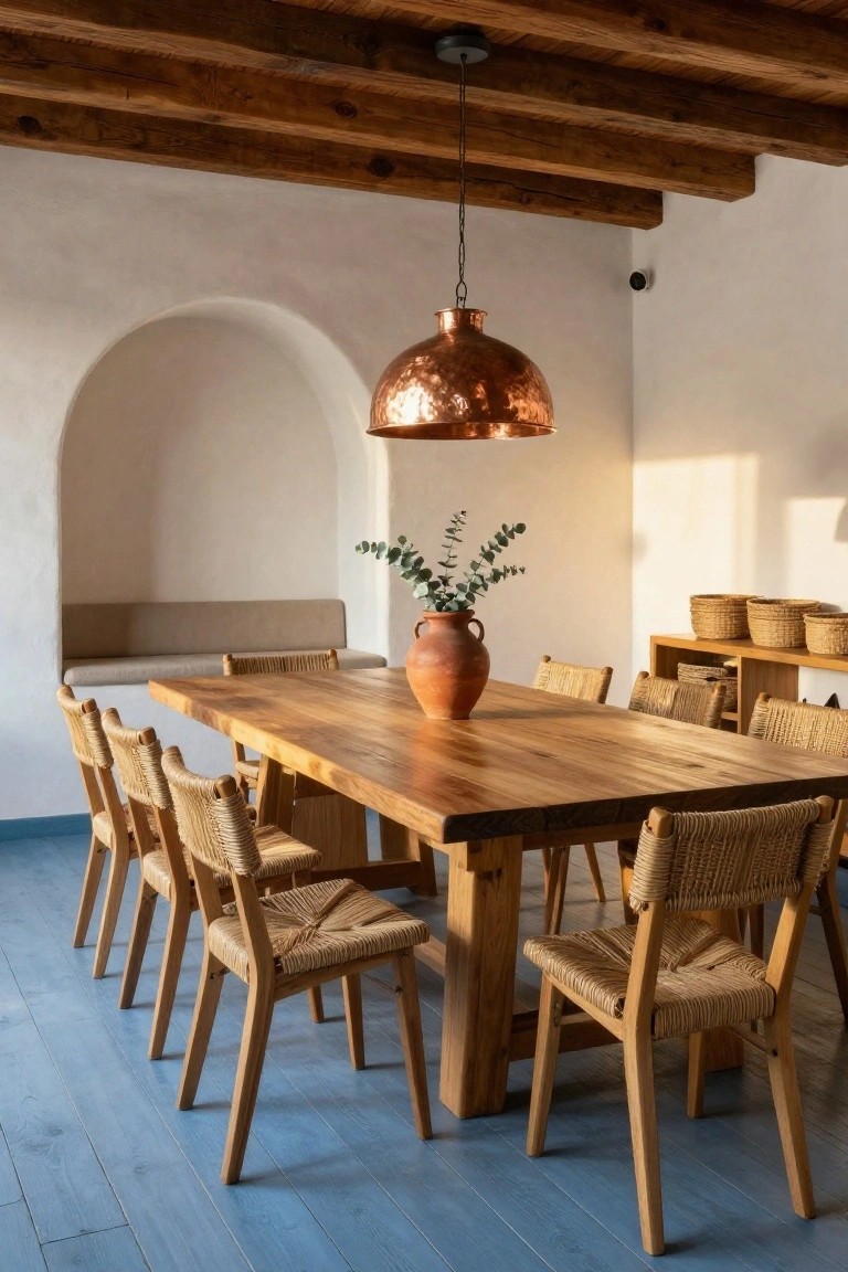 Hacienda-style dining room interior with exposed wooden beam ceiling, large rectangular wooden table, eight rattan chairs with wooden frames, beige banquette in arched wall niche, copper pendant light, eucalyptus in terracotta pot on table, and blue painted wood floors.