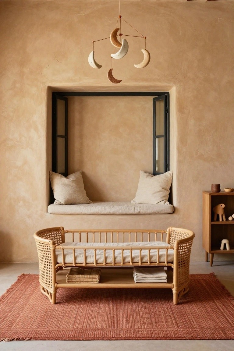Beige-walled nursery with curved rattan crib on white bedding and under-shelf storage, moon-shaped mobile overhead, cushioned window seat, wooden shelves holding toys and ceramics, and red woven rug on floor.