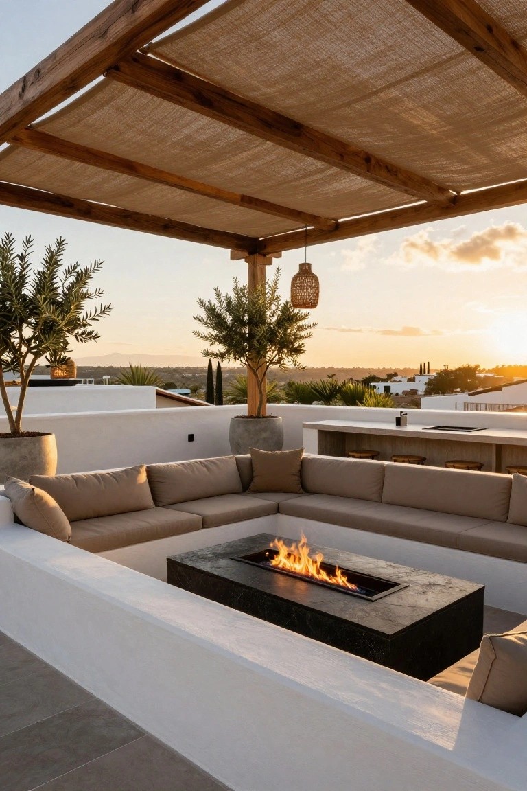 Rooftop terrace with beige L-shaped outdoor sofas around a rectangular black stone gas fire pit, wooden bar stools at a white counter, potted olive trees, and reed-shaded wooden pergola overlooking distant hills at sunset.